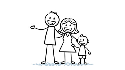 A happy stick figure family with a father, mother, and son smiling together in a simple line drawing.