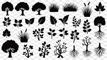 Collection of natural silhouette illustrations featuring trees leaves and grass © NAZMA