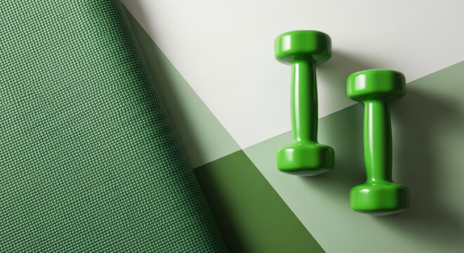 green dumbbells on geometric green fitness mat background symbolizing home workout, gym training and healthy active lifestyle