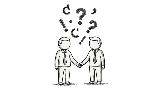 Two businessmen shaking hands amidst a flurry of question marks and exclamation points, symbolizing a complex negotiation or problem-solving session.