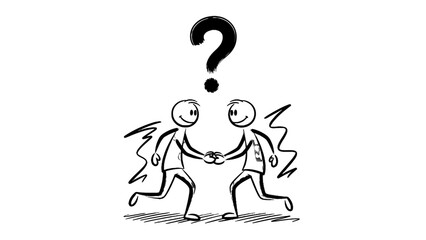 Obraz premium Two stick figures shaking hands under a question mark, symbolizing collaboration and uncertainty.