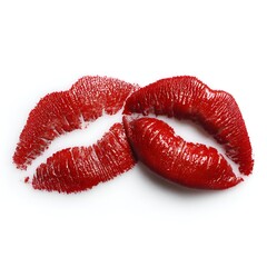Fototapeta premium Two vibrant red lipstick imprints symbolize affection and romance in a close-up studio shot against a clean, bright, white background.