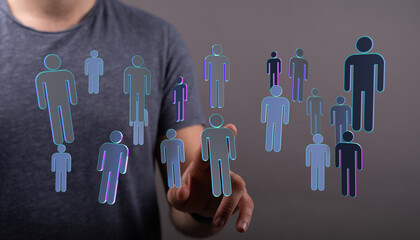 Hand reaching towards people icons representing human connections, and virtual collaboration. Social network an