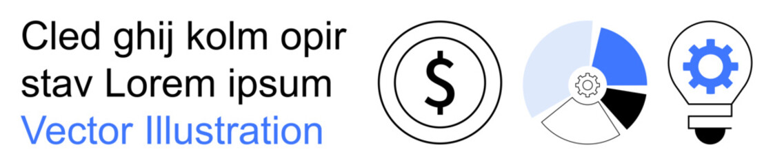 Business analysis, finance management, economic growth, innovation, strategy, teamwork. Dollar sign, pie chart and gear light bulb icons. Business finance and innovation concepts