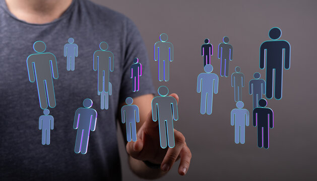 Hand reaching towards people icons representing human connections, and virtual collaboration. Social network an