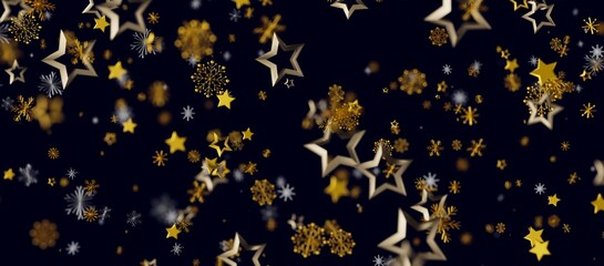 Abstract festive background with gold stars and snowflakes floating in dark space. Perfect for Christmas or New Year des