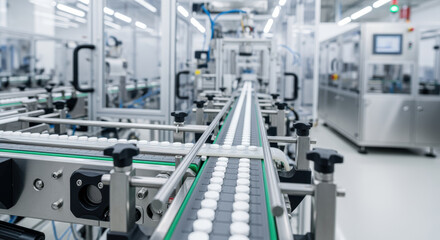 Automated pharmaceutical tablet production line in modern cleanroom facility with precision conveyor system and advanced packaging machinery