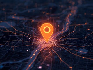 Orange location pin on a dark digital city map with modern navigation interface.