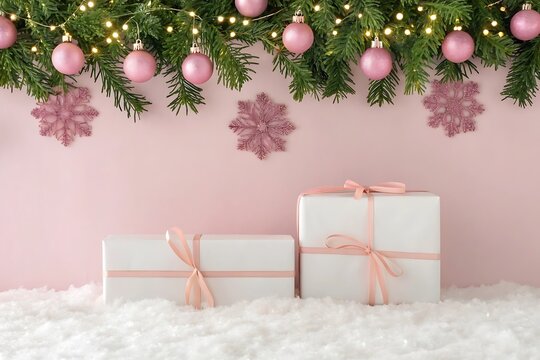 Soft pink christmas decorations with gifts and fairy lights on fir branches