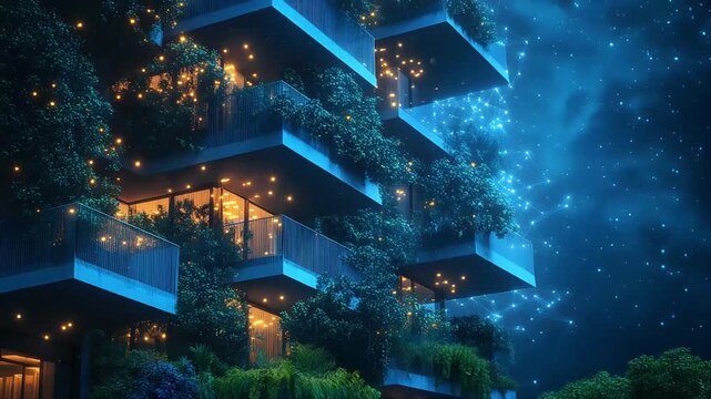 Capture a modern, abstract architectural animation. The building's design is complemented by the glow of lights, creating a sense of connected technology, modern technology abstract wireframe.
