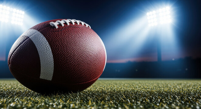 American football lying on illuminated stadium field under bright floodlights at night with dramatic sky and blurred background