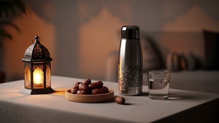 Ramadan iftar table setting with dates, water, lantern, bottle.