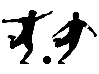 Dynamic black silhouettes of two football players with a ball.
