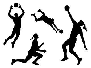 Dynamic silhouettes of volleyball players in various action poses.