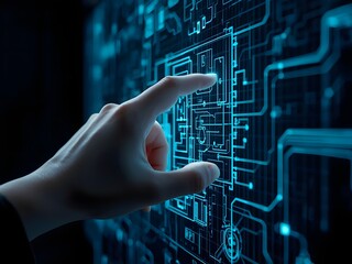 Futuristic holographic blueprint interface operated by a human hand gesture.