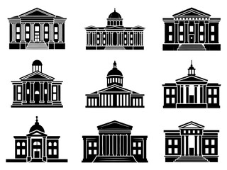 Flat vector icons of government, official, and public buildings.