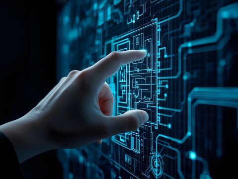 Futuristic holographic blueprint interface operated by a human hand gesture.