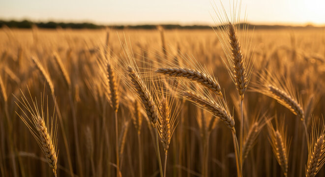 Golden wheat ears glowing at sunset in expansive rural field, closeup of ripe cereal crop swaying gently in warm evening light - Powered by Adobe