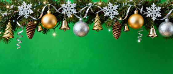 Festive christmas border with evergreen branches, ornaments, bells, snowflakes, pinecones and ribbons on bright green background