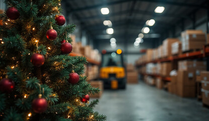 Festive Christmas tree on warehouse with forklift in the background
