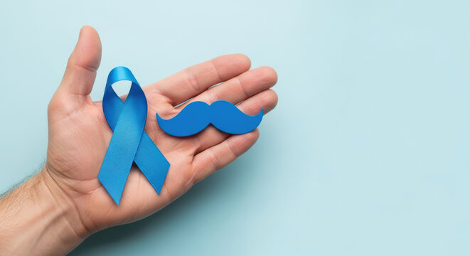 Male hand holding blue awareness ribbon and mustache symbol on pastel background supporting men's health and cancer prevention