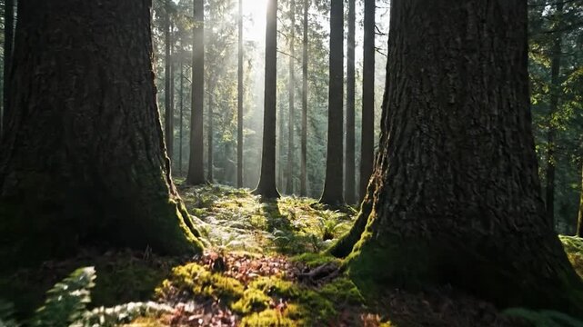 Sunlight filtering through a mossy forest floor with mushrooms and ferns