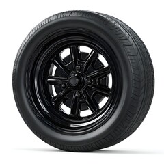 Obraz premium A black car wheel with a tire is displayed on a white background featu a classic eight spoke design with center cap in a studio shot.