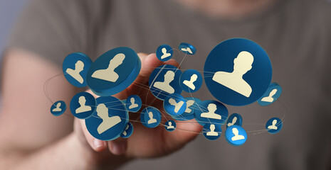 A network of people represented by digital avatar icons, connecting hand and digital network connections concept