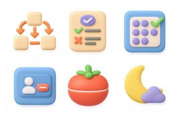 Colorful cartoon icon set with checklist and organization concepts for graphic design