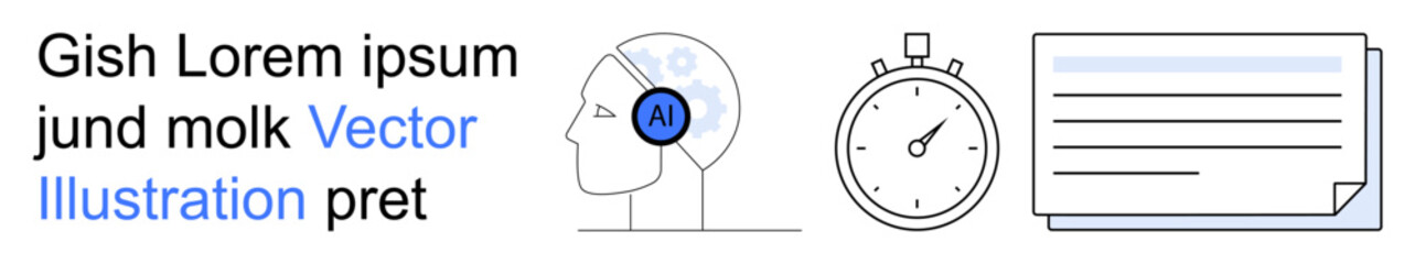 Obraz premium Artificial intelligence, time management, task prioritization, digital learning, productivity, workplace tools. Minimal line art showing AI in a mind, stopwatch and document outline. Artificial