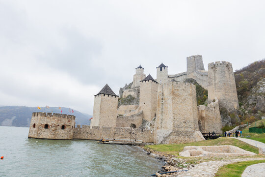 Golubac medieval fortress towers on the Danube river in Serbia