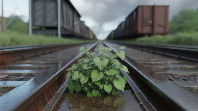 Greenery growing on railroad tracks between freight cars - Powered by Adobe