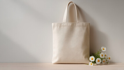 Simple tote bag rests beside fresh daisies on table