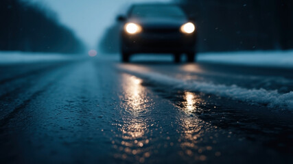 Winter evening drive along a slick road with headlights on