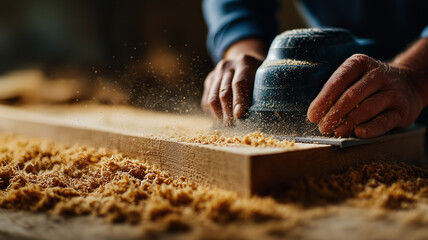 Man is sanding a piece of wood with a sander, wood and the man's hands is covered in sawdust. Concept of hard work and copy space about manufacture wood