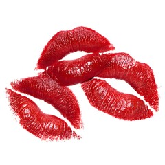 Multiple bright red lipstick kiss marks are displayed on a clean white background, representing love and romantic affection for someone special.