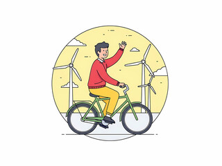 Happy man riding bicycle with wind turbines background eco friendly concept vector illustration