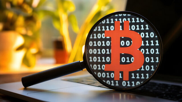 Explore cryptocurrency trends with bitcoin symbol under magnifying glass on laptop for financial analysis