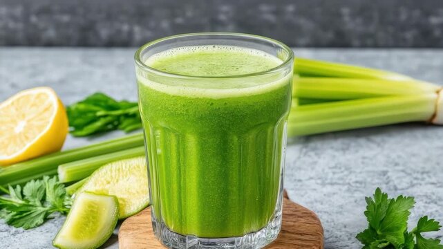 Fresh green celery cucumber lemon juice smoothie with parsley zest vibrant healthy detox beverage