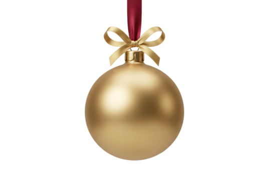 gold Christmas ball with ribbon and a bow, isolated on background. Generative AI