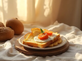 Gourmet Breakfast Plate with Fried Egg, Toasted Bread, and Fresh Orange Juice in Warm Morning Light
