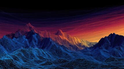 Colorful wireframe mountain landscape at sunset