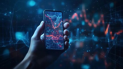Animation showing a hand holding a modern smartphone with an abstract wireframe grid and connected poly lines displaying a stock chart. Represents modern technology and financial data. - Powered by Adobe