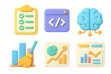 Colorful 2d icon set with clipboard, brain, and analytics for app design