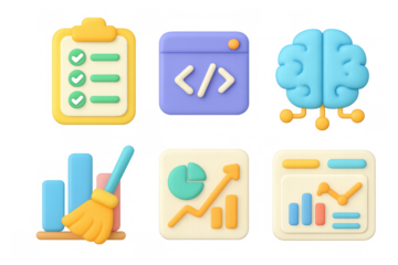Colorful 2d icon set with clipboard, brain, and analytics for app design