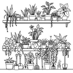 Simple black-line illustration of wooden shelves packed tightly with a variety of lush houseplants of different shapes and sizes, including tall and slender plants, rounded succulents, and trailing vi