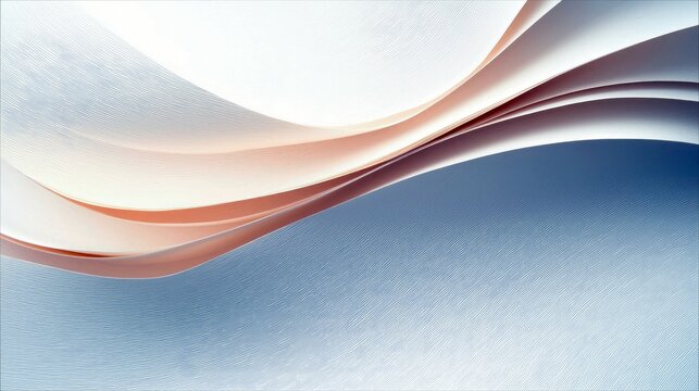An abstract composition featuring layers of paper in shades of white, peach, and blue, creating a wave-like pattern with soft lighting.