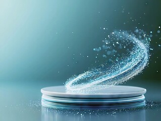 A futuristic stage with a swirling stream of particles, creating a dynamic and abstract visual. The image is rendered in cool blue tones, suggesting technology