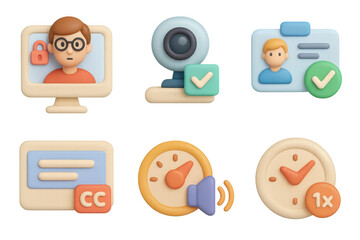 Cartoon icon set featuring security and multimedia elements for digital use