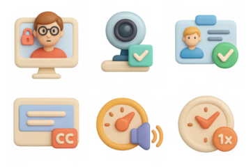 Cartoon icon set featuring security and multimedia elements for digital use